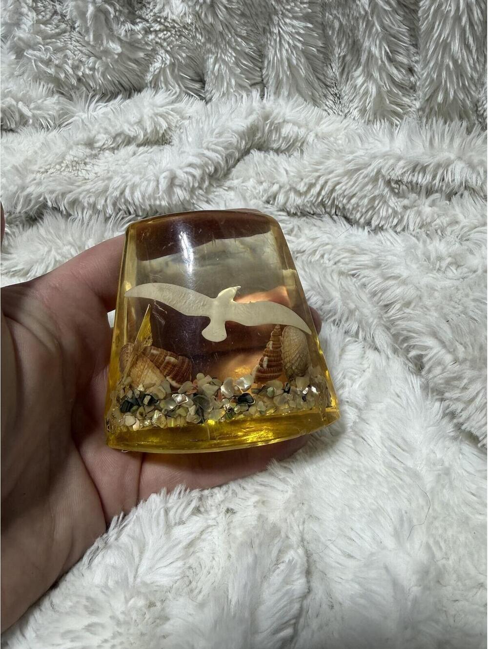 Vintage Amber Resin Paperweight with Embedded Seashells and Bird Figurine